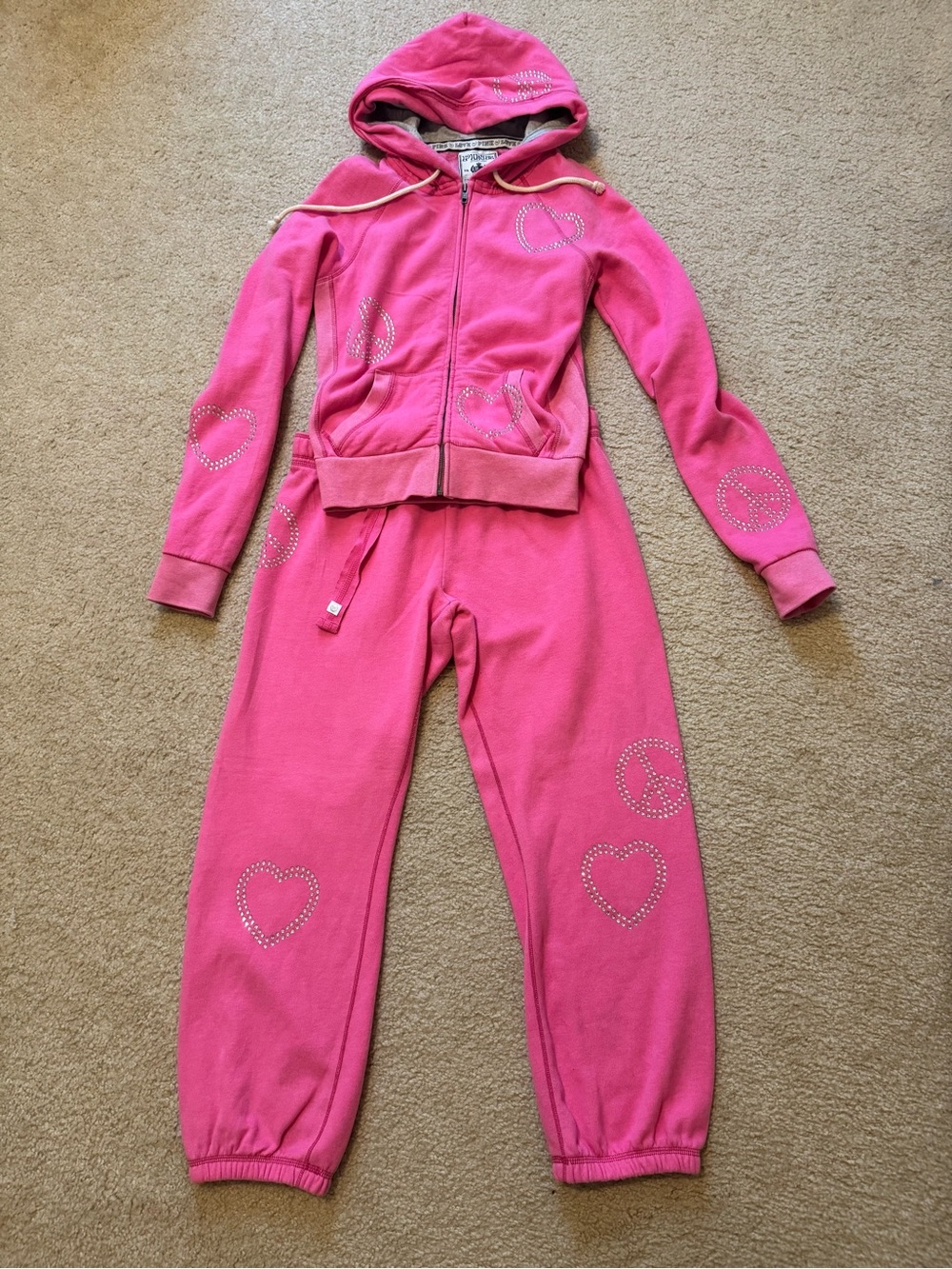 Victoria's Secret Hot Pink Heart & Peace Stud Hoodie Set